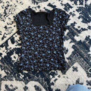 90s Vintage Made in USA Floral Black and Blue Women's Top